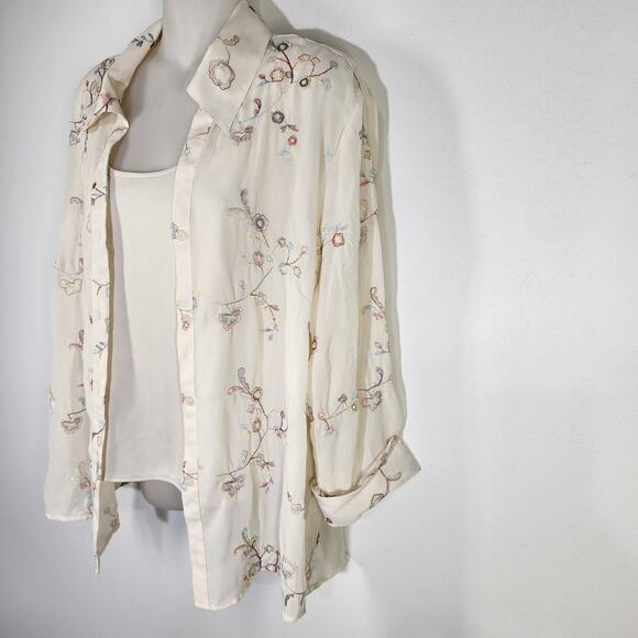 Vtg Apparenza Women 2Pc Tank Shirt M Button Floral Embroidered 3/4 Cuffed Sleeve - Picture 4 of 13